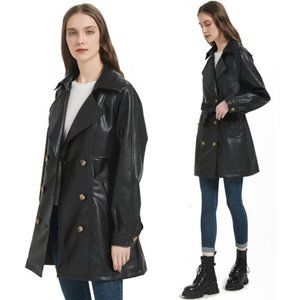 Risissida Women  Mid Length Faux Leather Trench Coat Winter Belted Long Jacket